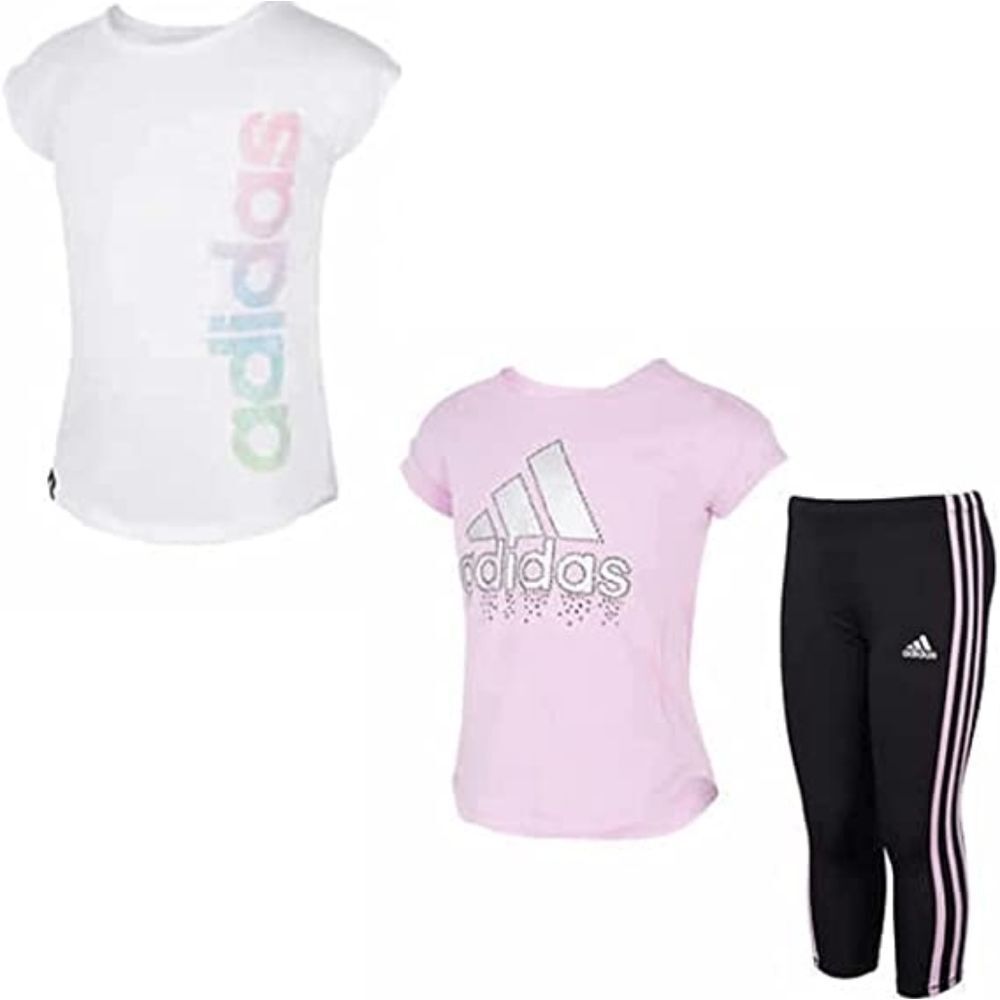 Girl's Adidas 3 Piece Set Tee Shirts and Pants Pink White Black Size 4T